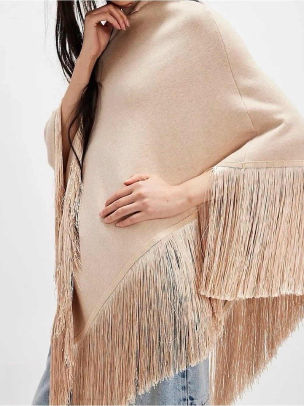 FREE PEOPLE Beige Fringe Poncho Sweater - Women